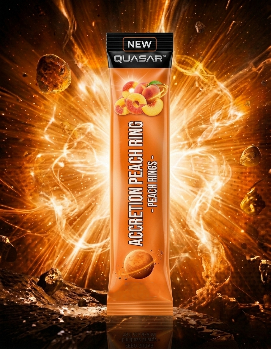 A fan of individual single-serve stick packets of QUASAR Accretion Peach Ring energy powder, showcasing a bold neon orange and yellow comic-style layout. The packets float in zero-gravity over a glowing, swirling accretion disk circling a dark cosmic singularity.