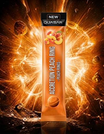 A fan of individual single-serve stick packets of QUASAR Accretion Peach Ring energy powder, showcasing a bold neon orange and yellow comic-style layout. The packets float in zero-gravity over a glowing, swirling accretion disk circling a dark cosmic singularity.