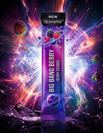 A fanned-out cluster of single-serve stick packets of QUASAR Big Bang Berry energy powder, featuring an explosive pink and deep blue comic book design. The packets float dynamically in front of a brilliant, expanding cosmic explosion filled with bright starlight and colorful cosmic dust
