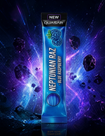 A vibrant, multiple individual single-serve stick of packets of QUASAR Neptunian Raz energy powder, featuring cool blue foil packaging and explosive comic-style typography, floating fanned out in a zero-gravity composition. The background is a vibrant, deep space cosmic scene with countless stars and glowing nebulae
