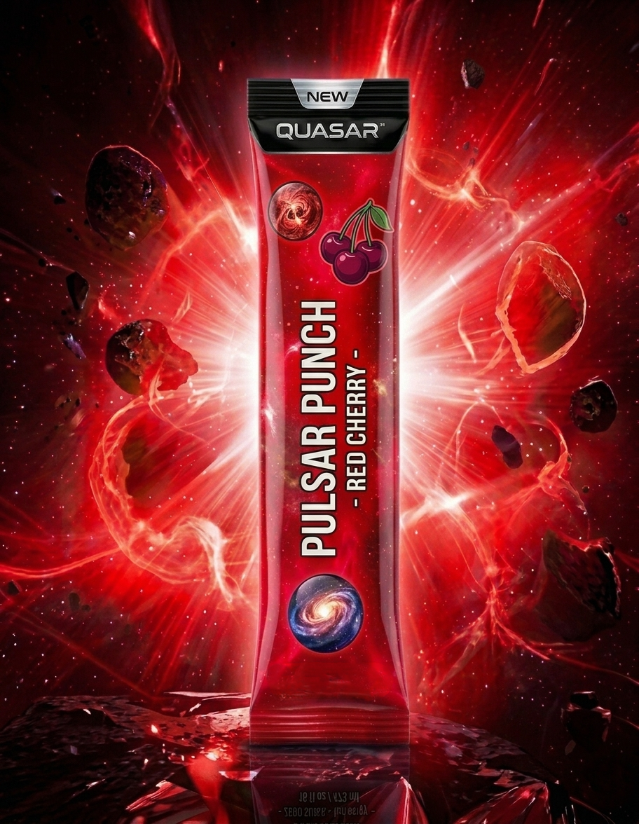 A fanned-out arrangement of individual single-serve stick packets of QUASAR Pulsar Punch energy powder, with an aggressive neon pink and teal comic book style. The packaging floats dynamically amidst flashing, hyper-concentrated beams of light radiating from a spinning pulsar star in deep space.