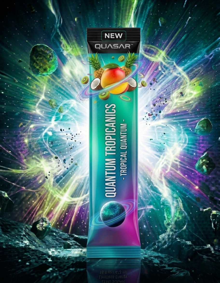 A fanned-out arrangement of sleek individual single-serve stick packets of QUASAR Quantum Tropicanics energy power, featuring bright orange and yellow coming book typography. The packets float against a surreal Depp space background mixed with a glowing, vibrant neon tropical starlight nebula.