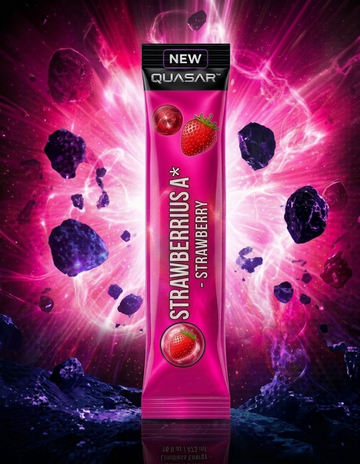 Multiple individual single-serve stick packets of QUASAR Strawberrius A energy powder, featuring a vibrant crimson and star-white comic book typography design. The packets are arranged in a zero-gravity composition against a deep space background centered around a massive, glowing purple and red galactic vortex