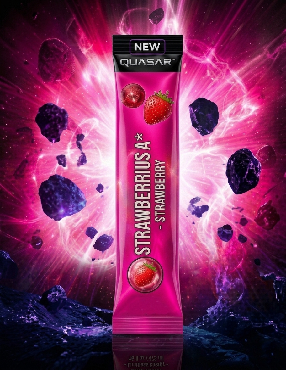 Multiple individual single-serve stick packets of QUASAR Strawberrius A energy powder, featuring a vibrant crimson and star-white comic book typography design. The packets are arranged in a zero-gravity composition against a deep space background centered around a massive, glowing purple and red galactic vortex