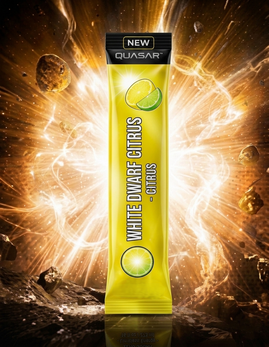 A fan of individual single-serve stick packets of QUASAR White Dwarf Citrus energy powder, featuring an ultra-clean, bright white and neon yellow comic book style layout. The packets float against a crisp, high-contrast deep space background radiating with a brilliant, blindingly white stellar light